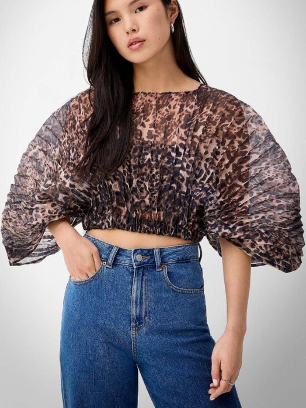NWT Pleated organza leopard butterfly-sleeve blouse - Picture 3 of 3